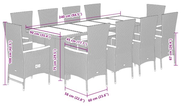 11dílný zahradní jídelní set s poduškami šedý polyratan 3277559