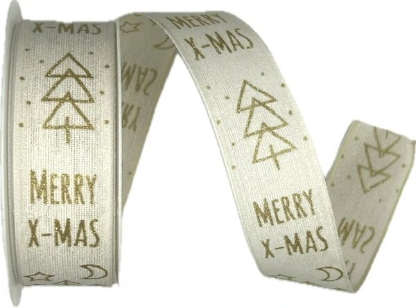 Vánoční stuha bílá MERRY-XMAS zlatý potisk 25mm x 2m (5,- Kč/m)