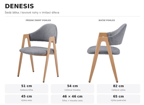 Jídelní židle DENESIS - šedá látka / kovové nohy v imitaci dřeva