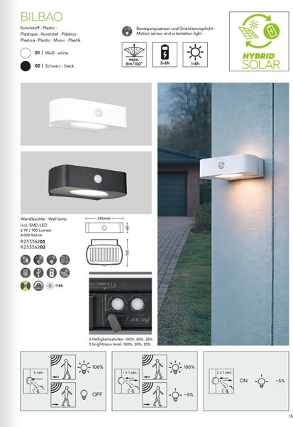 TRIO Reality R23336202 BILBAO solární nástěnné svítidlo se senzorem SMD LED 6W/700lm 4000K IP44 černá, hybrid