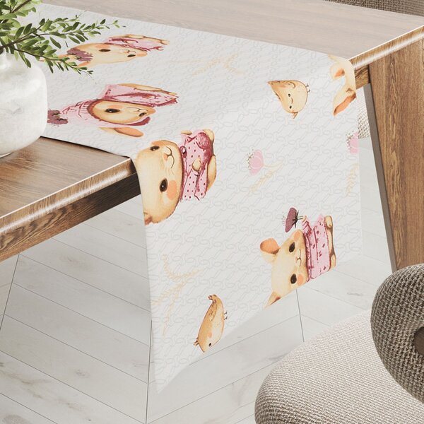Biante Dětský bavlněný běhoun na stůl Sandra SA-538 Růžoví zajíčci a ptáčci na bílém 20x120 cm