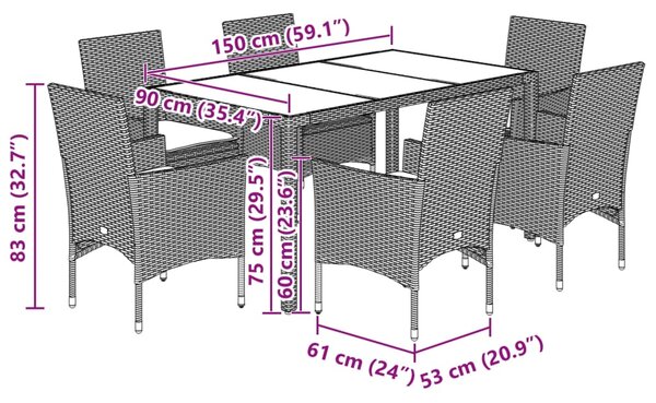 7dílný zahradní jídelní set s poduškami černý polyratan a sklo 3278540