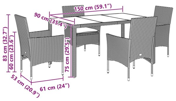 5dílný zahradní jídelní set s poduškami černý polyratan a sklo 3278539