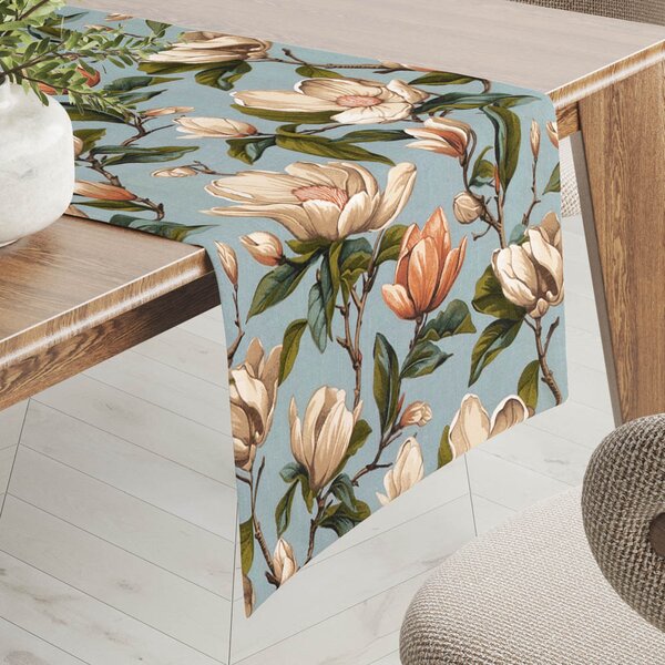 Biante Bavlněný běhoun na stůl Sandra SA-545 Květy magnolie na šedomodrém 20x120 cm