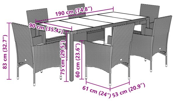 7dílný zahradní jídelní set s poduškami černý polyratan a sklo 3278541