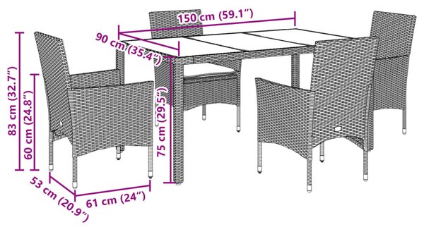 5dílný zahradní jídelní set s poduškami šedý polyratan a sklo 3278557