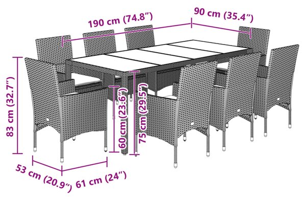 9dílný zahradní jídelní set s poduškami černý polyratan a sklo 3278542