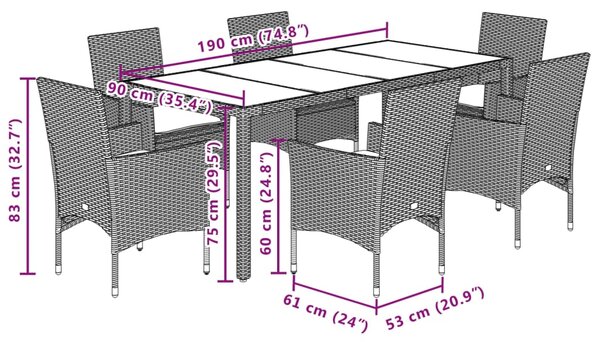 7dílný zahradní jídelní set s poduškami šedý polyratan a sklo 3278559