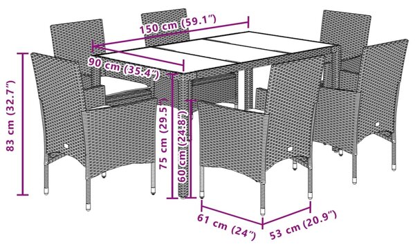 7dílný zahradní jídelní set s poduškami šedý polyratan a sklo 3278558
