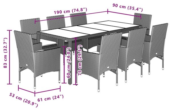 9dílný zahradní jídelní set s poduškami šedý polyratan a sklo 3278560