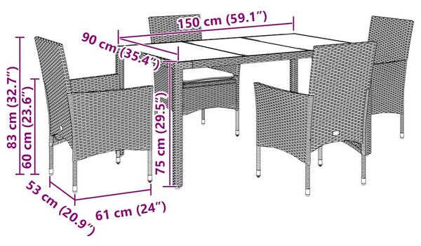 5dílný zahradní jídelní set podušky světle šedý polyratan sklo 3278575