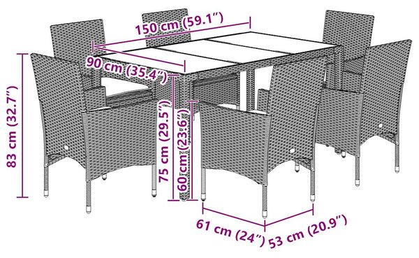 7dílný zahradní jídelní set podušky světle šedý polyratan sklo 3278576