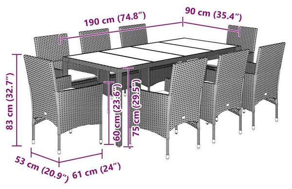 9dílný zahradní jídelní set podušky světle šedý polyratan sklo 3278578