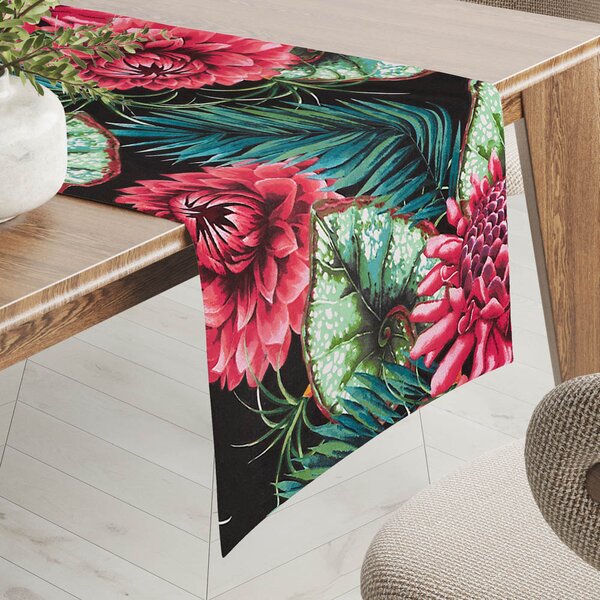 Biante Bavlněný běhoun na stůl Sandra SA-566 Velké tropické květy a listy na černém 20x120 cm