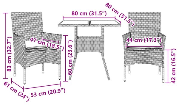 3dílný zahradní jídelní set s poduškami šedý polyratan a sklo 3278605