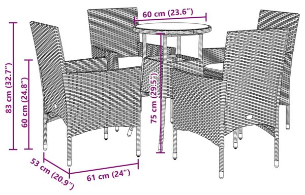 5dílný zahradní jídelní set s poduškami černý polyratan a sklo 3278616