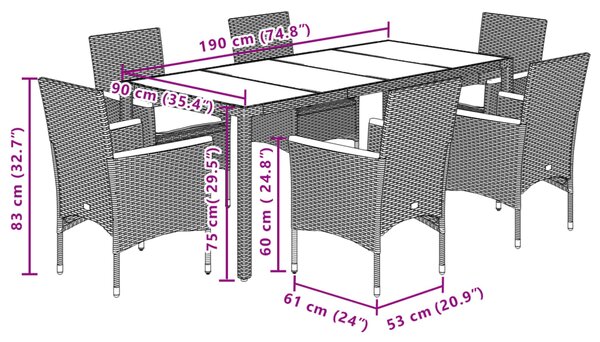 7dílný zahradní jídelní set s poduškami černý polyratan a sklo 3278649