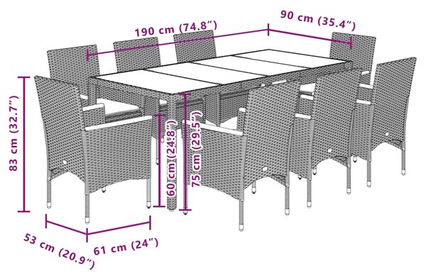 9dílný zahradní jídelní set s poduškami černý polyratan a sklo 3278650