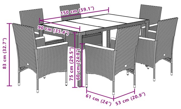 7dílný zahradní jídelní set s poduškami černý polyratan a sklo 3278648