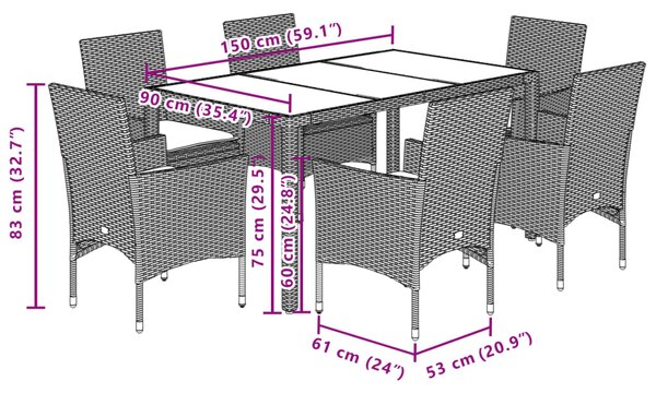 7dílný zahradní jídelní set a podušky černý polyratan a akácie 3278666