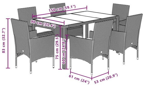 7dílný zahradní jídelní set a podušky černý polyratan a akácie 3278672