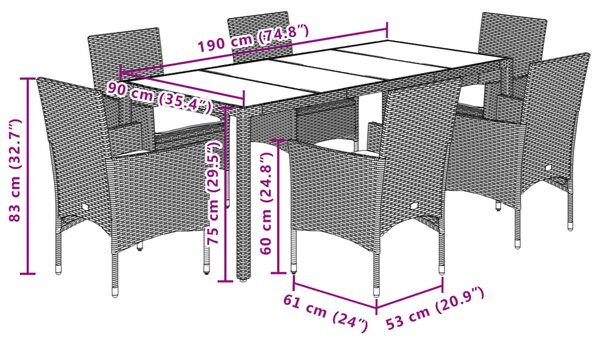 7dílný zahradní jídelní set a podušky černý polyratan a akácie 3278667