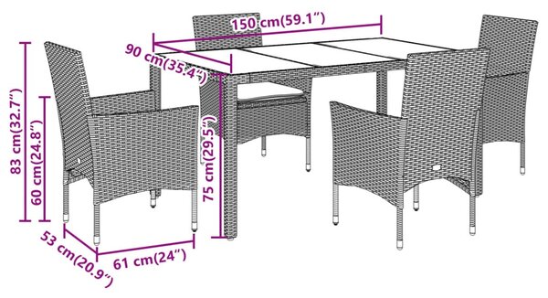 5dílný zahradní jídelní set a podušky černý polyratan a akácie 3278671