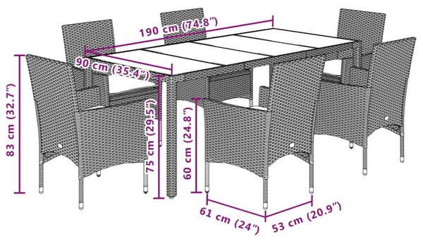 7dílný zahradní jídelní set a podušky černý polyratan a akácie 3278673