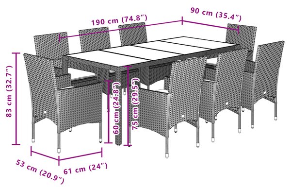 9dílný zahradní jídelní set a podušky černý polyratan a akácie 3278674