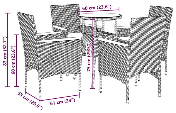 5dílný zahradní jídelní set a podušky černý polyratan a akácie 3278718