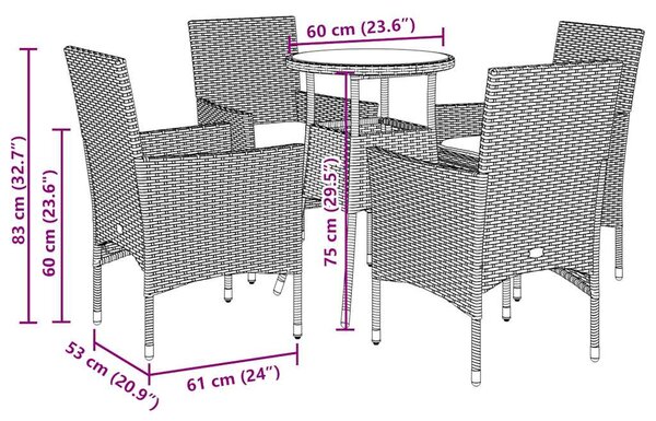 5dílný zahradní jídelní set a podušky černý polyratan a akácie 3278728