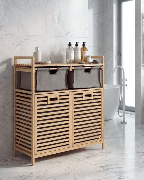 Skříňka s košem na prádlo a úložnými boxy CEJAR 88 cm Bambus Světle hnědá