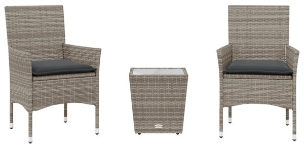 3dílný bistro set s poduškami šedý polyratan a sklo 3278742