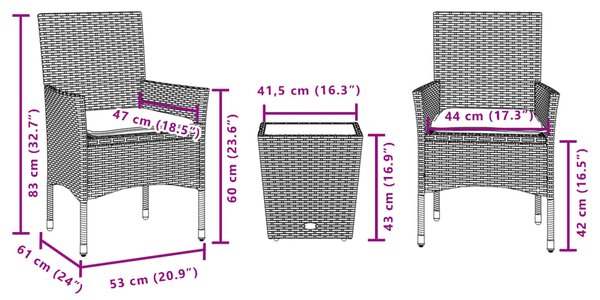 3dílný bistro set s poduškami šedý polyratan a sklo 3278742