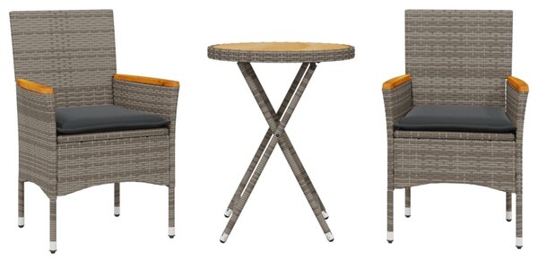 3dílný bistro set s poduškami šedý polyratan a akácie 3278754