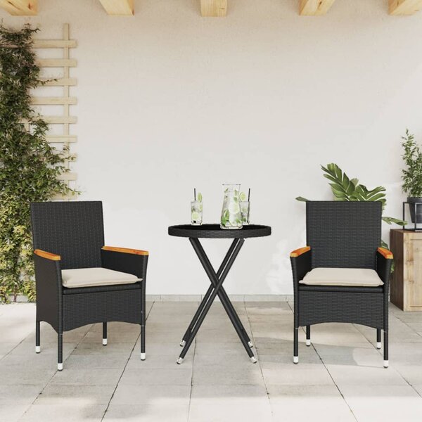 3dílný bistro set s poduškami černý polyratan a sklo 3278753