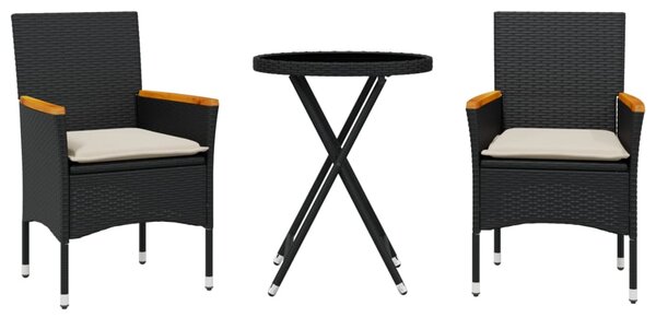 3dílný bistro set s poduškami černý polyratan a sklo 3278753