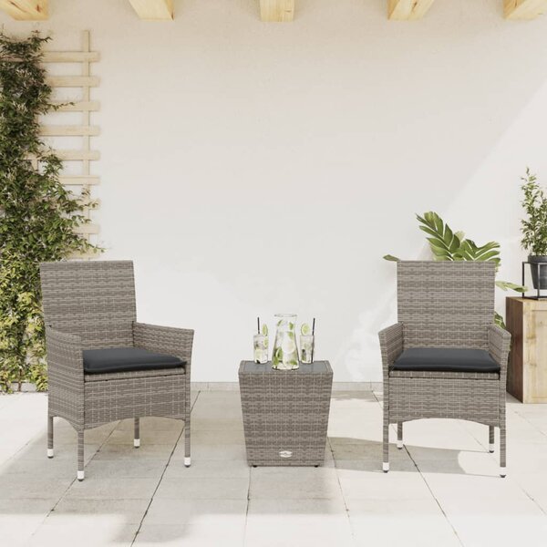 3dílný bistro set s poduškami šedý polyratan a sklo 3278742