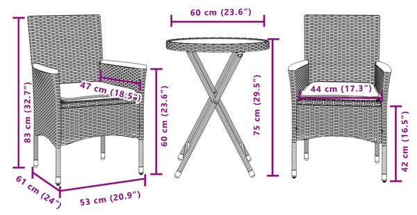 3dílný bistro set s poduškami šedý polyratan a akácie 3278754