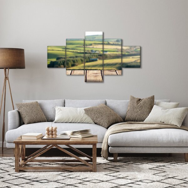Obraz - Dřevěná police s krajinou (125x70 cm)