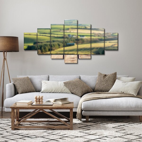 Obraz - Dřevěná police s krajinou (210x100 cm)