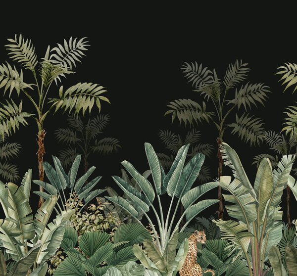 Vliesová obrazová tapeta - džungle, palmy, tropické listy, leopard 158950, 300x279cm, Paradise, Esta