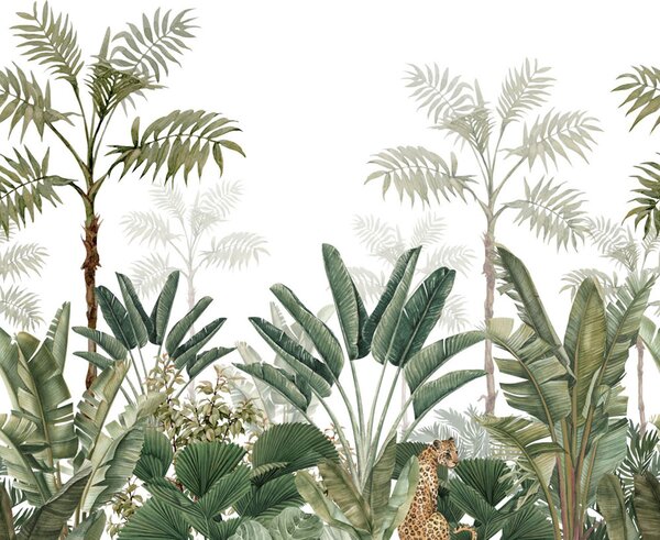 Vliesová obrazová tapeta - džungle, palmy, tropické listy, leopard 158951, 300x279cm, Paradise, Esta