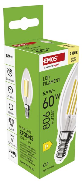 LED žárovka filament ZF3D42 E14, 5,9W, teplá bílá