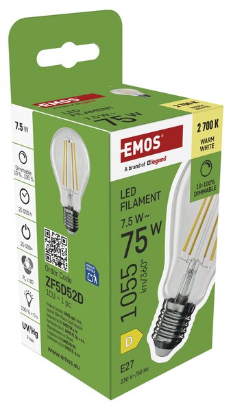 Stmívatelná LED žárovka filament ZF5D52D E27, 7,5W, teplá bílá
