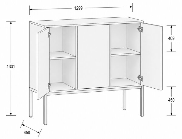 Kancelářská skříň FRAME, nízká, bílá podnož, 3x dveře, 1299 x 450 x 1331 mm, PUSH-lock, bříza