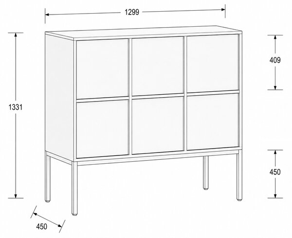 Kancelářská skříň FRAME, nízká, bílá podnož, 6x dveře, 1299 x 450 x 1331 mm, PUSH-lock, šedá