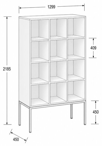 Regál FRAME, s černou podnoží, 1299 x 450 x 2185 mm, bříza