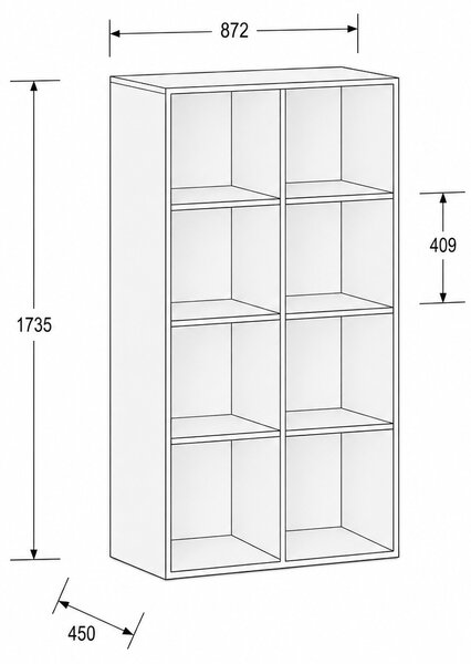 Regál FRAME, nižší, 2 sloupce, 1735 x 872 x 450 mm, šedá