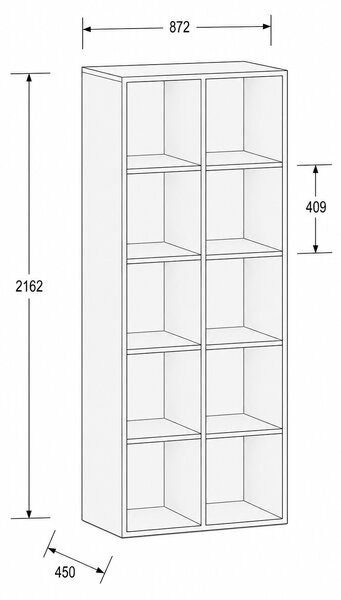 Regál FRAME, vysoký, 2 sloupce, 2162 x 872 x 450 mm, šedá